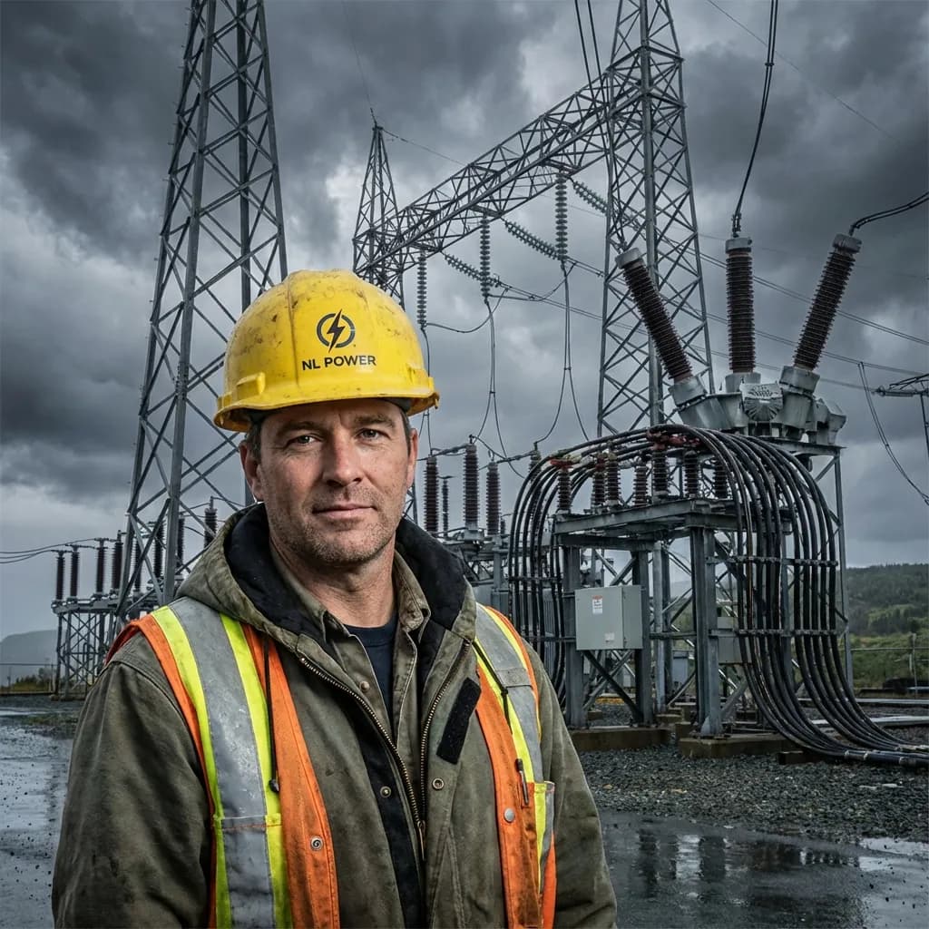 Licensed electrician in hard hat and high-visibility gear at a high-voltage substation in Newfoundland