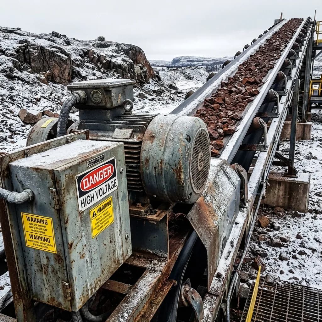 Industrial conveyor motor with a high-voltage electrical enclosure at a Newfoundland worksite