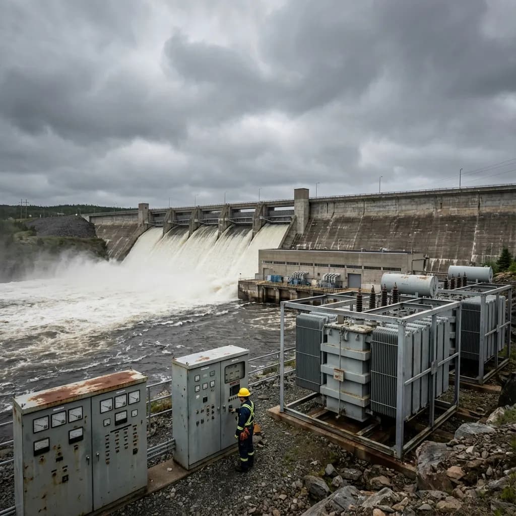 Electrician inspecting transformers and power distribution cabinets at a Newfoundland hydroelectric dam